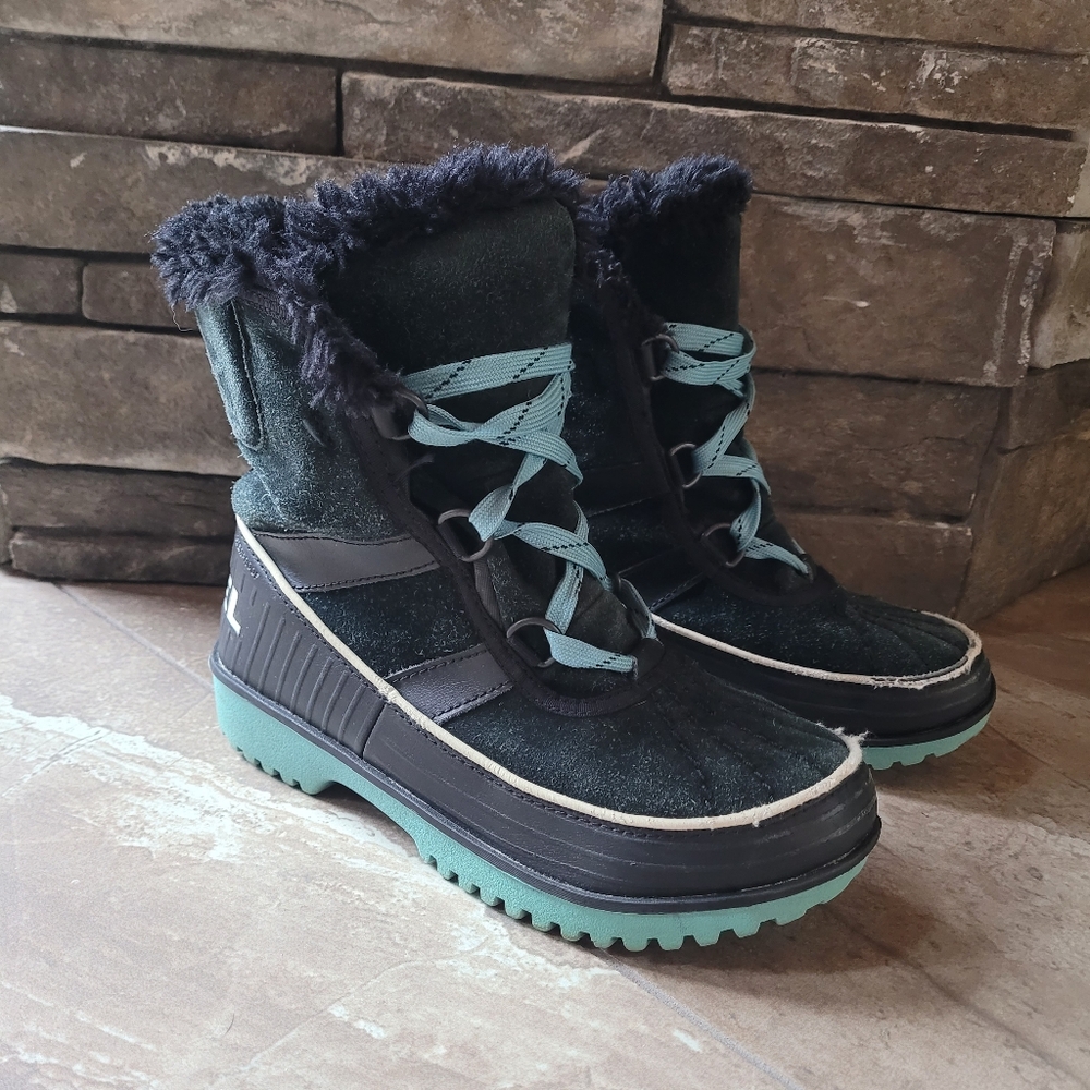 Sorel Youth Tivoli II Winter Boots 3 Black Blue NY1888-010 Fur Lined Lace Up